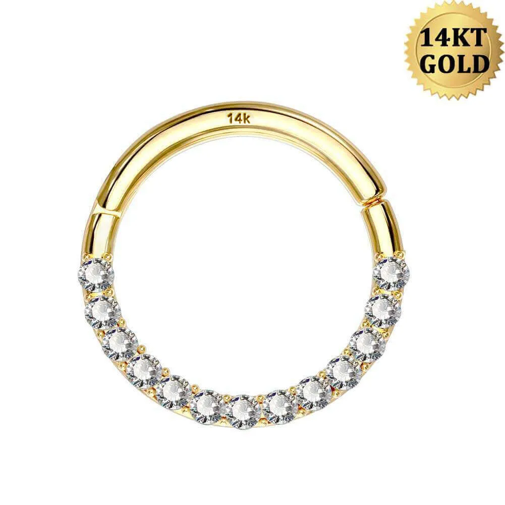 14KT Gold 18G Segment Septum Ring Front CZ Daith Earring