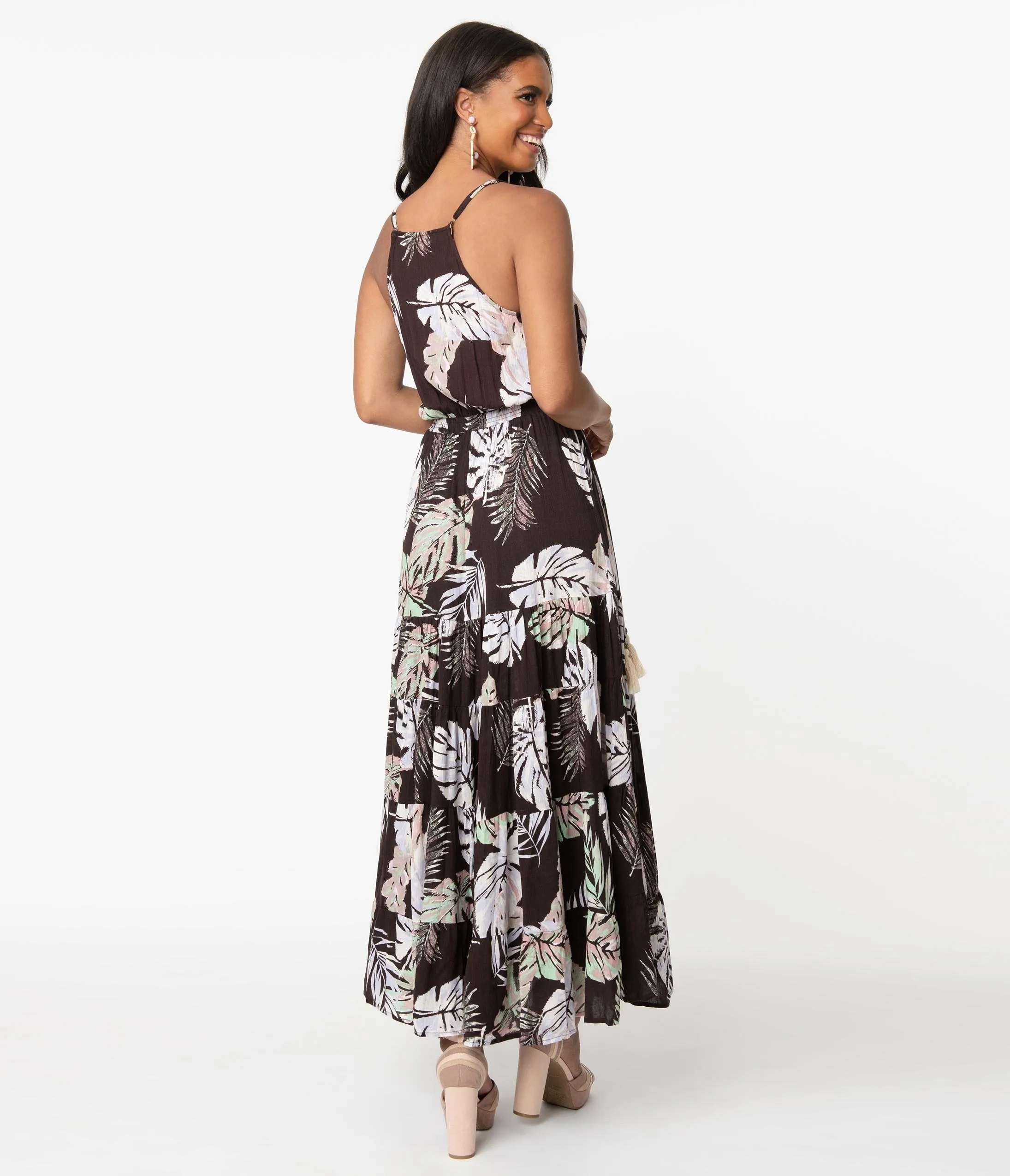 1970s Style Black Tropical Print Maxi Dress