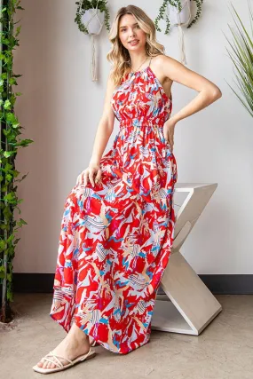 Abstract Elastic Waist Halter Maxi Dress- Red