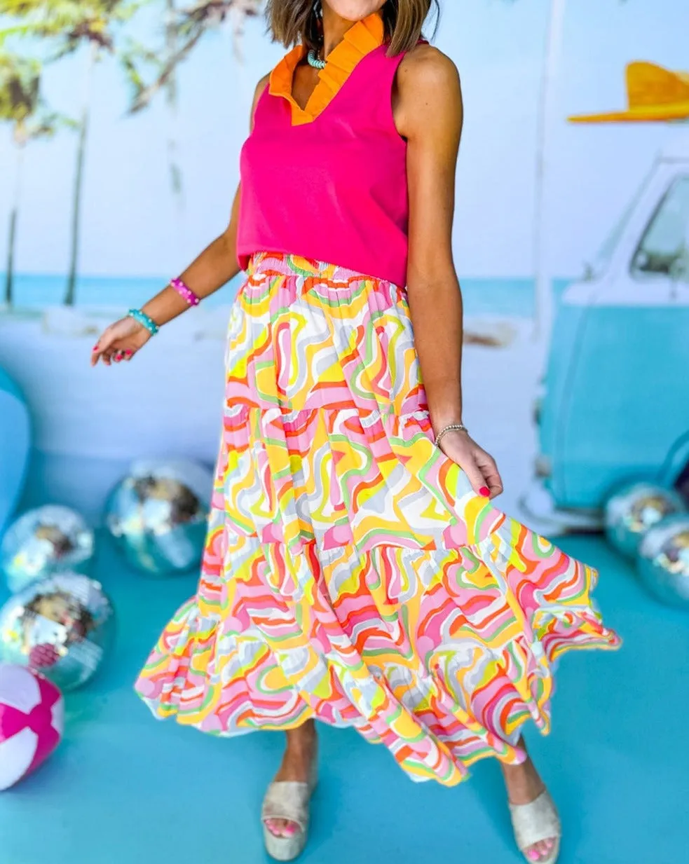 Abstract Tiered Flowy Maxi Skirt