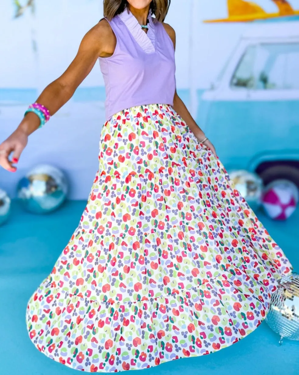 Abstract Tiered Flowy Maxi Skirt