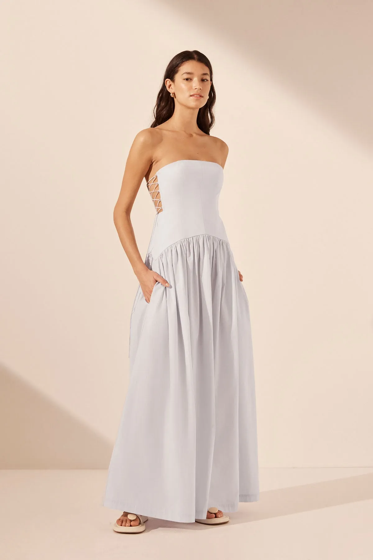 AMADA LACE UP STRAPLESS MAXI DRESS - ICE BLUE