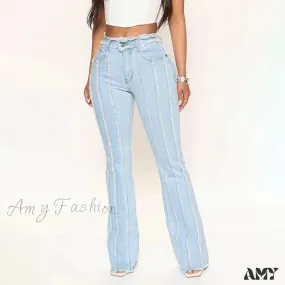 Amy Fashion - 2024 Stretch Women's Vintage Fashion High Waist Flare Women Slim Spliced Bell Bottom Streetwear Wash Denim Jean