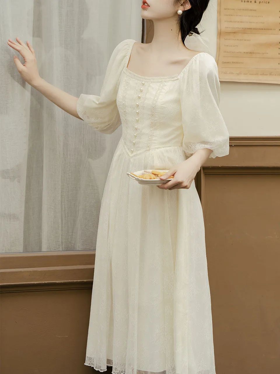 Apricot Lace Square Neck Beaded Retro Dress with Lantern Sleeves