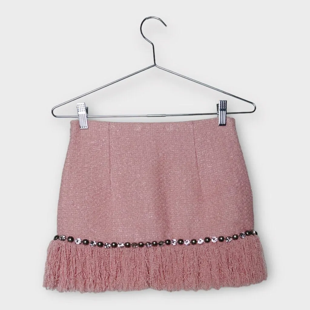 Area Pink Tweed Fringed Mini Skirt