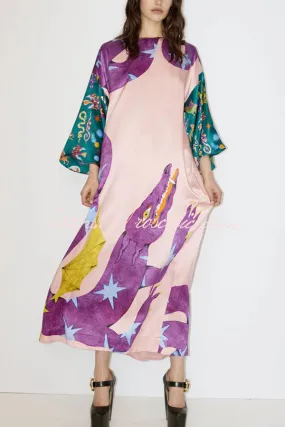 Artistic Nature Satin Unique Print Contrast Slit Relaxed Vacation Maxi Dress