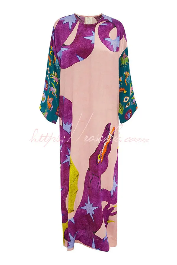 Artistic Nature Satin Unique Print Contrast Slit Relaxed Vacation Maxi Dress