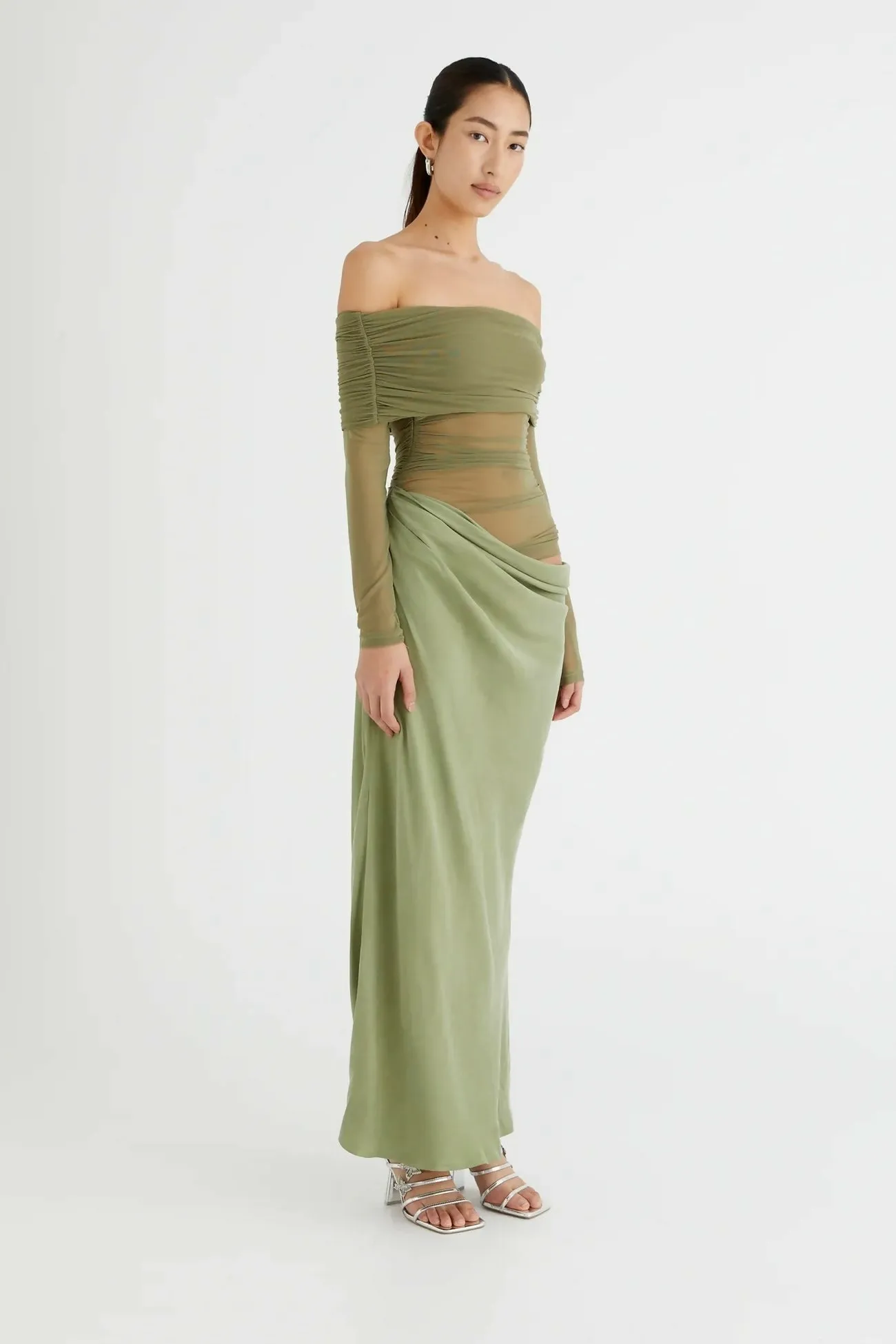 Benni Yasmin Off Shoulder Pistachio Maxi Dress