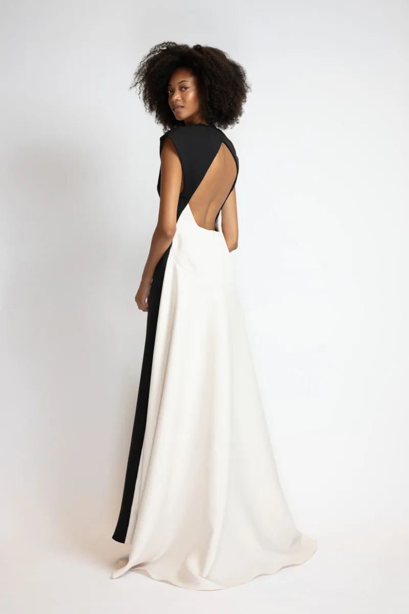 Black Cady Gown with Ivory Cady Train and Open Back