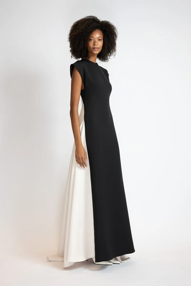 Black Cady Gown with Ivory Cady Train and Open Back