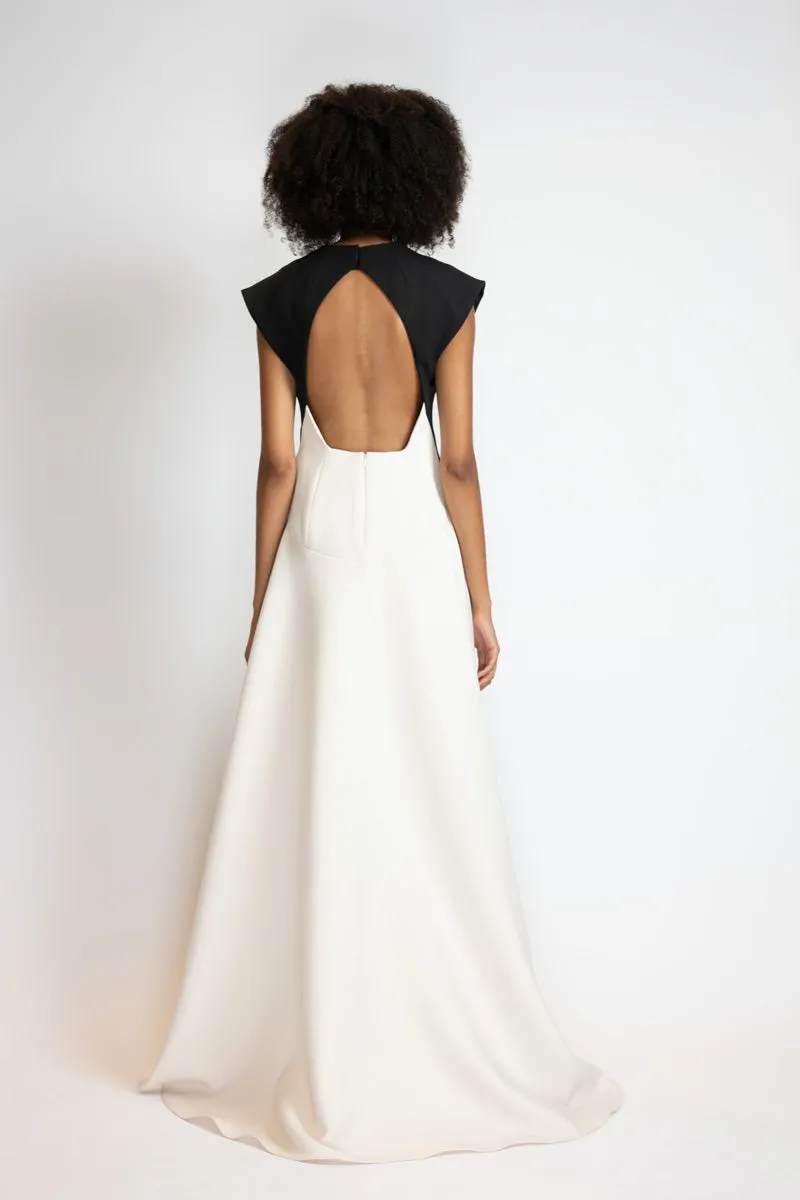 Black Cady Gown with Ivory Cady Train and Open Back