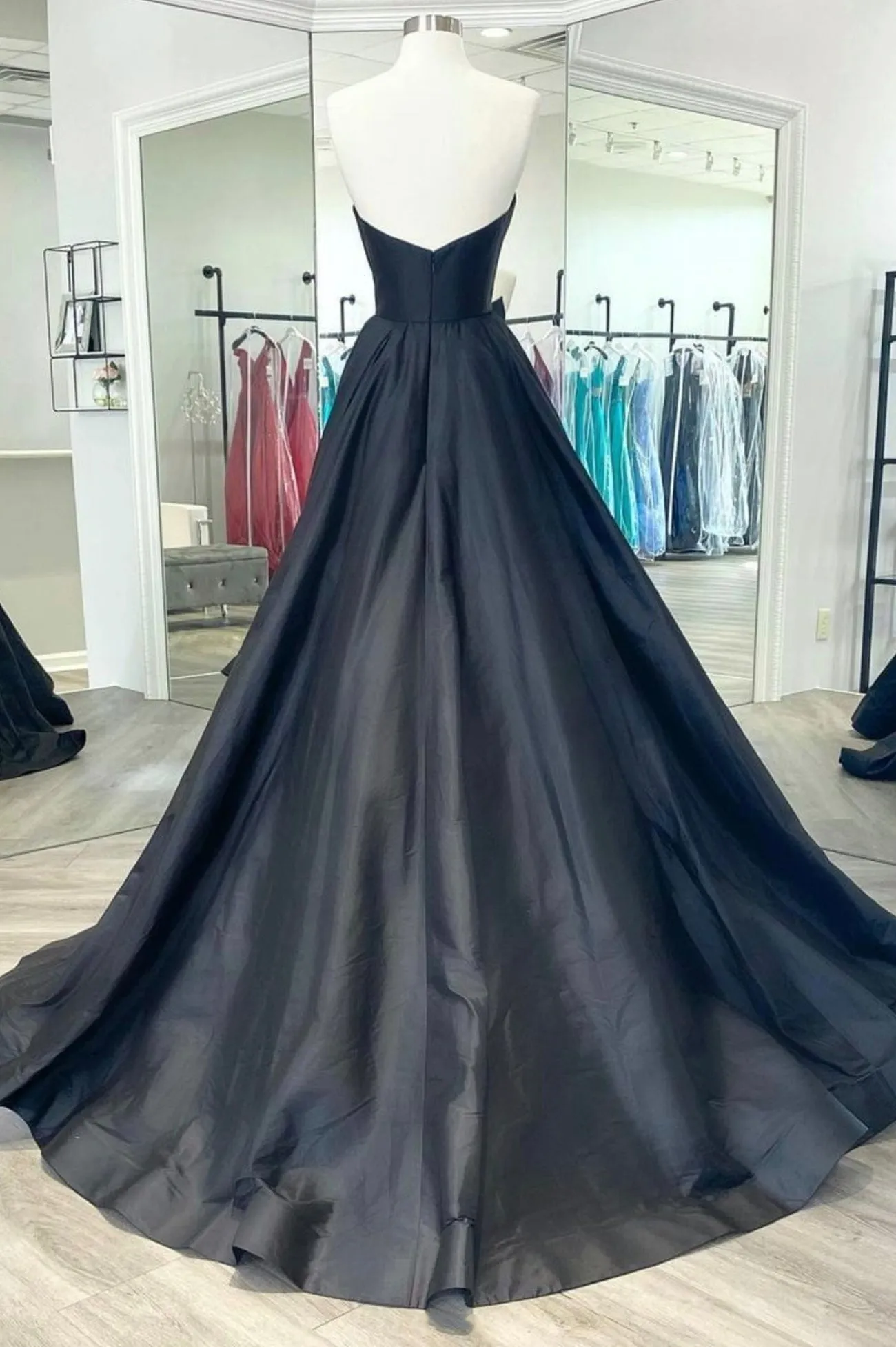 Black Satin Long A-Line Prom Dress, Black Evening Party Dress