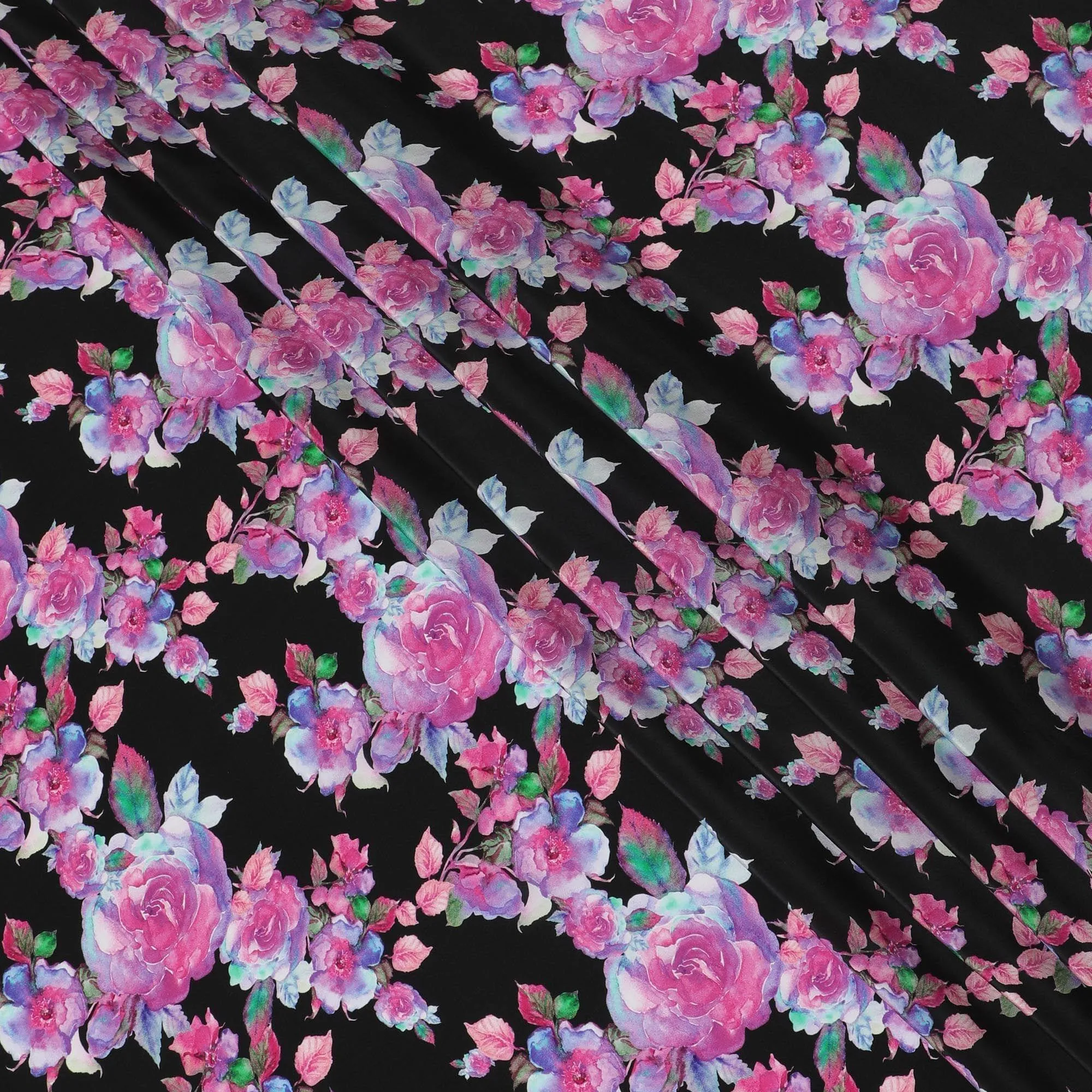 Black viscose fabric with multicolor print in floral design-D12263