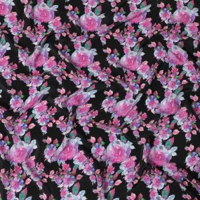 Black viscose fabric with multicolor print in floral design-D12263