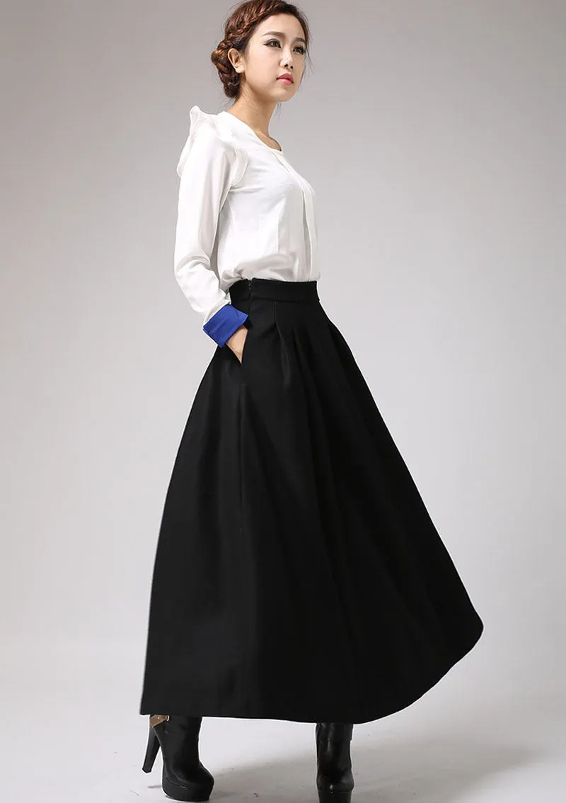 Black wool maxi skirt for winter,  warm skirt with pleated wasitd 0722#