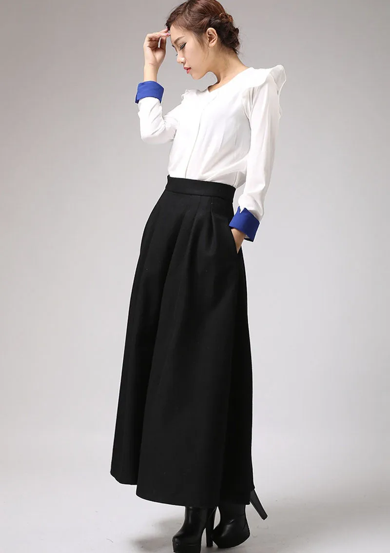 Black wool maxi skirt for winter,  warm skirt with pleated wasitd 0722#