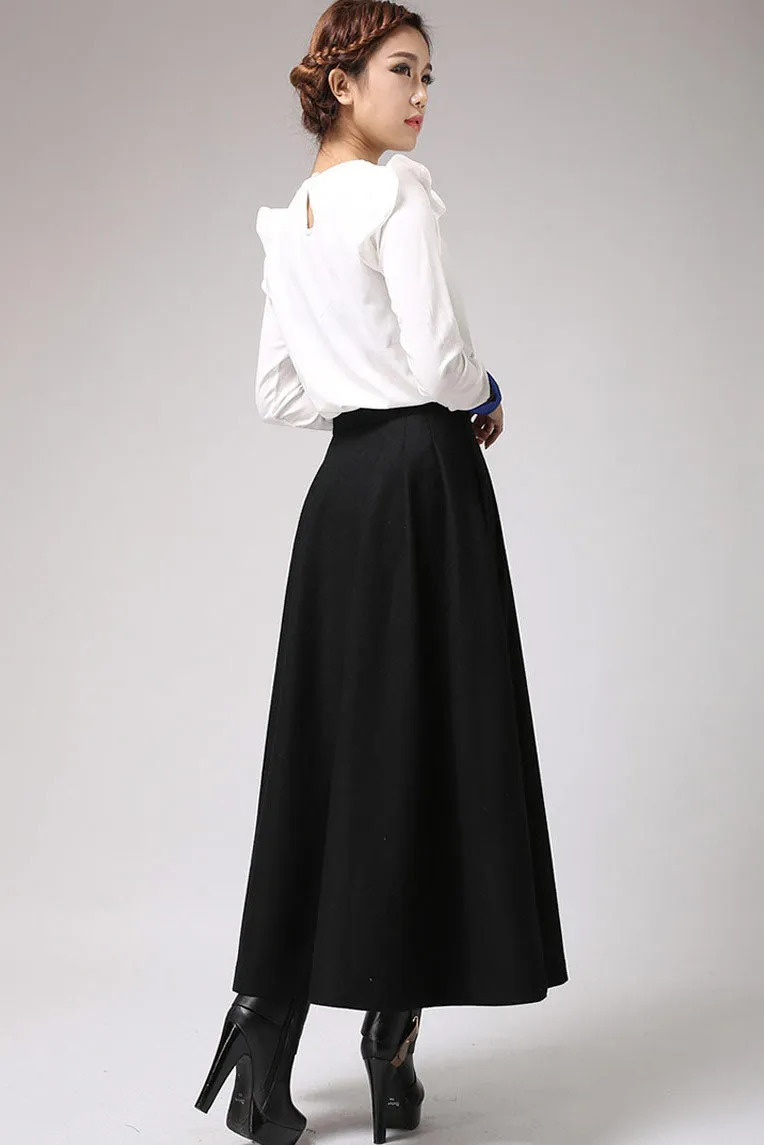 Black wool maxi skirt for winter,  warm skirt with pleated wasitd 0722#