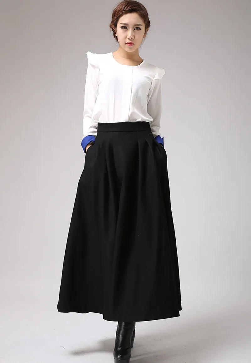 Black wool maxi skirt for winter,  warm skirt with pleated wasitd 0722#