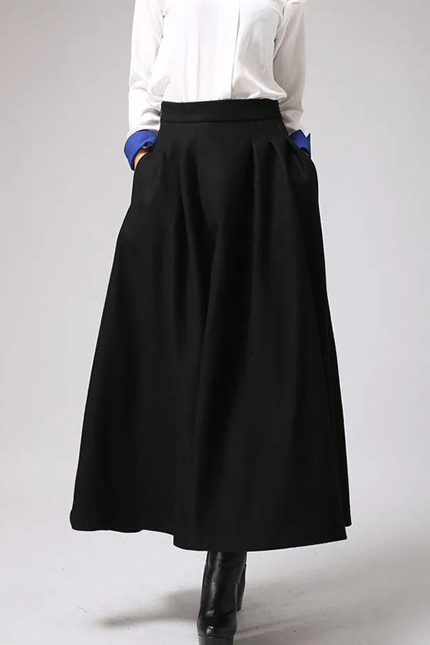 Black wool maxi skirt for winter,  warm skirt with pleated wasitd 0722#