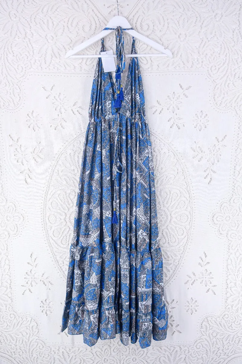 Blossom Halter Maxi Dress - Vintage Sari - Azure Blue & Grey Jacquard - Free Size M/L