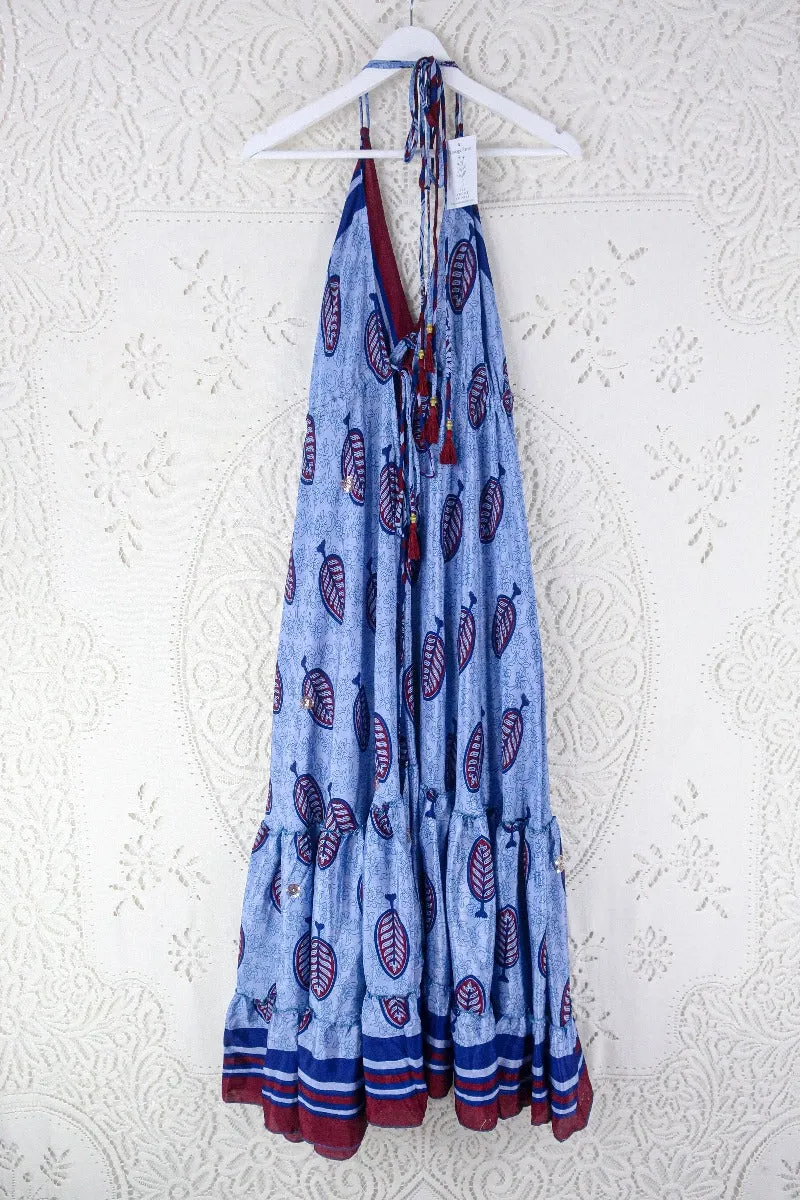 Blossom Halter Maxi Dress - Vintage Sari - Embellished Tonal Violet Leaf Print - Free Size M/L