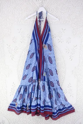 Blossom Halter Maxi Dress - Vintage Sari - Embellished Tonal Violet Leaf Print - Free Size M/L