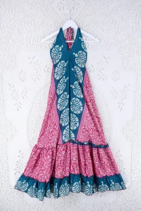 Blossom Halter Maxi Dress - Vintage Sari - Ocean Teal & Rouge Rose Print - Free Size S/M