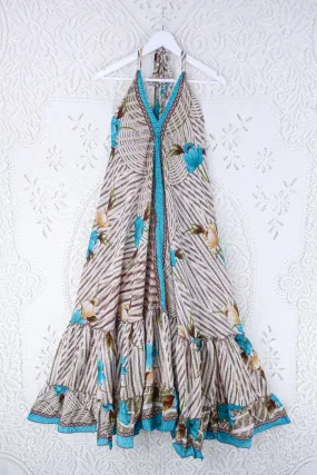 Blossom Halter Maxi Dress - Vintage Sari - White, Moss & Turquoise Stripy Floral - Free Size S/M