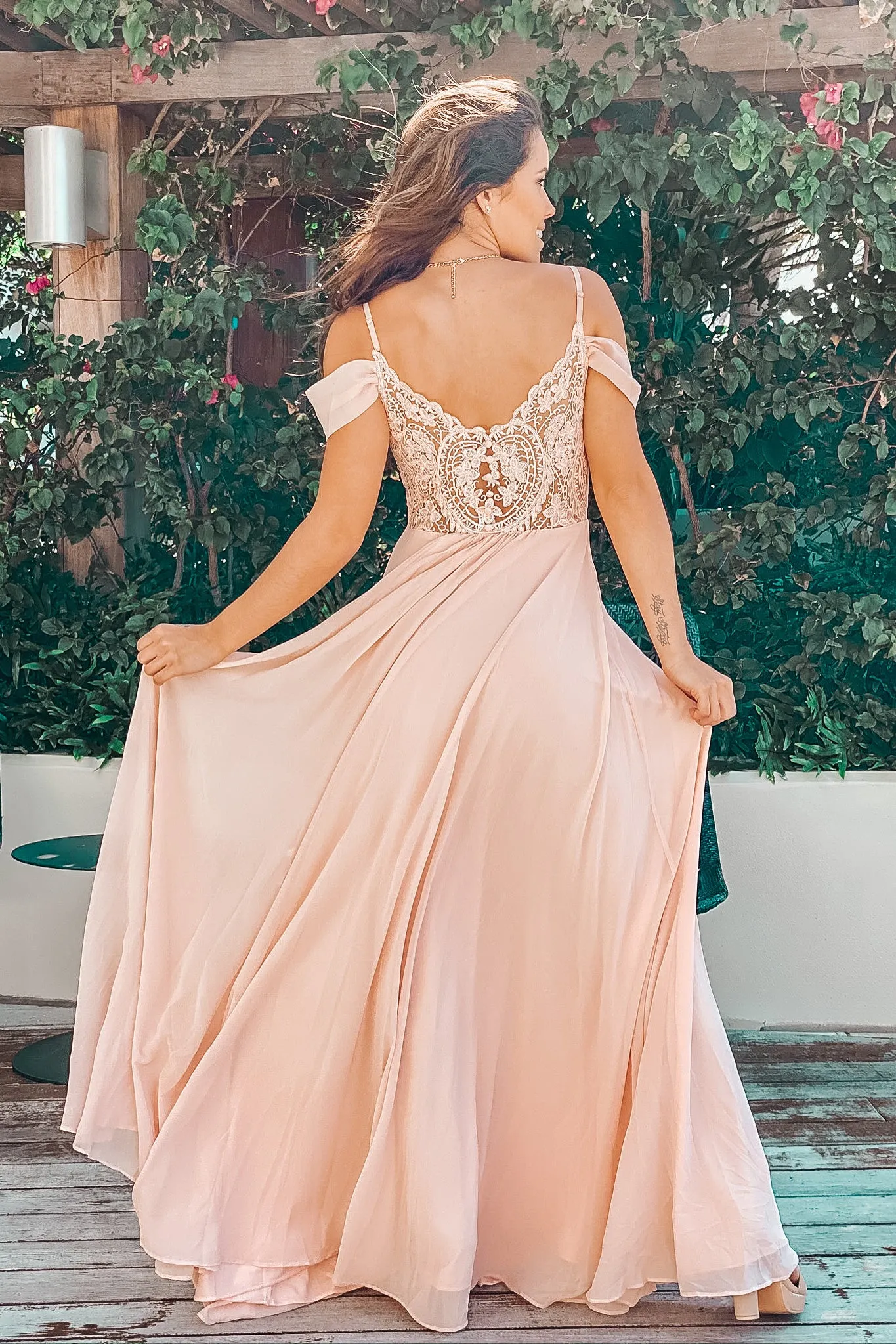 Blush Off Shoulder Maxi Dress with Lace Back