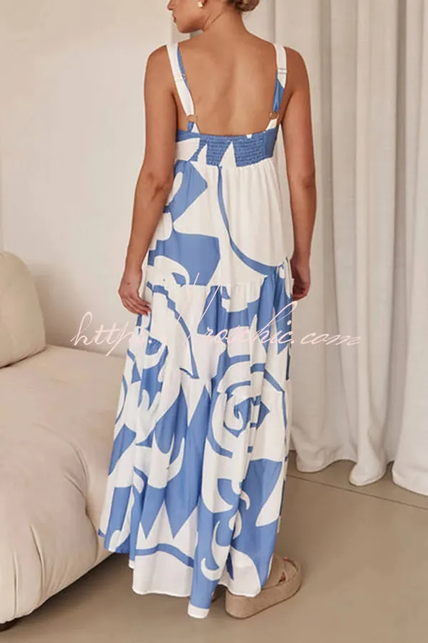 Bohemian Style Geometric Print Back Smocked Loose Maxi Dress