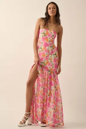 Bright Buds Strapless Floral Drop-Waist Maxi Dress