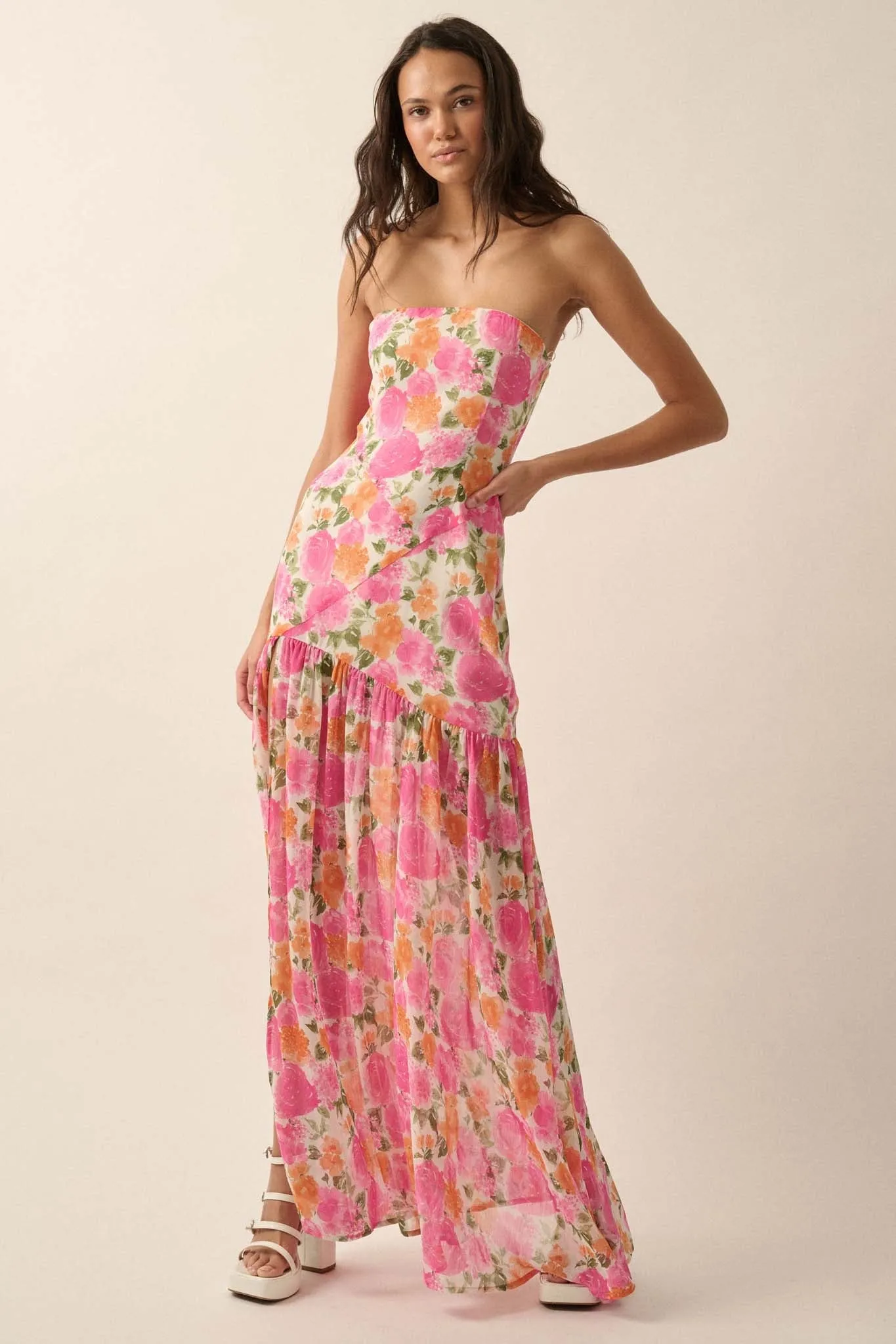 Bright Buds Strapless Floral Drop-Waist Maxi Dress