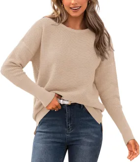 BTFBM Casual Women 2023 Fall Sweater Long Sleeve Ribbed Knit Pullover Loose Crewneck Batwing Split Sweater(Solid Apricot,Large)