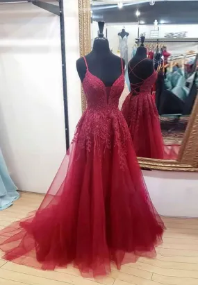 Burgundy V-Neck Lace Long Prom Dresses, A-Line Evening Dresses