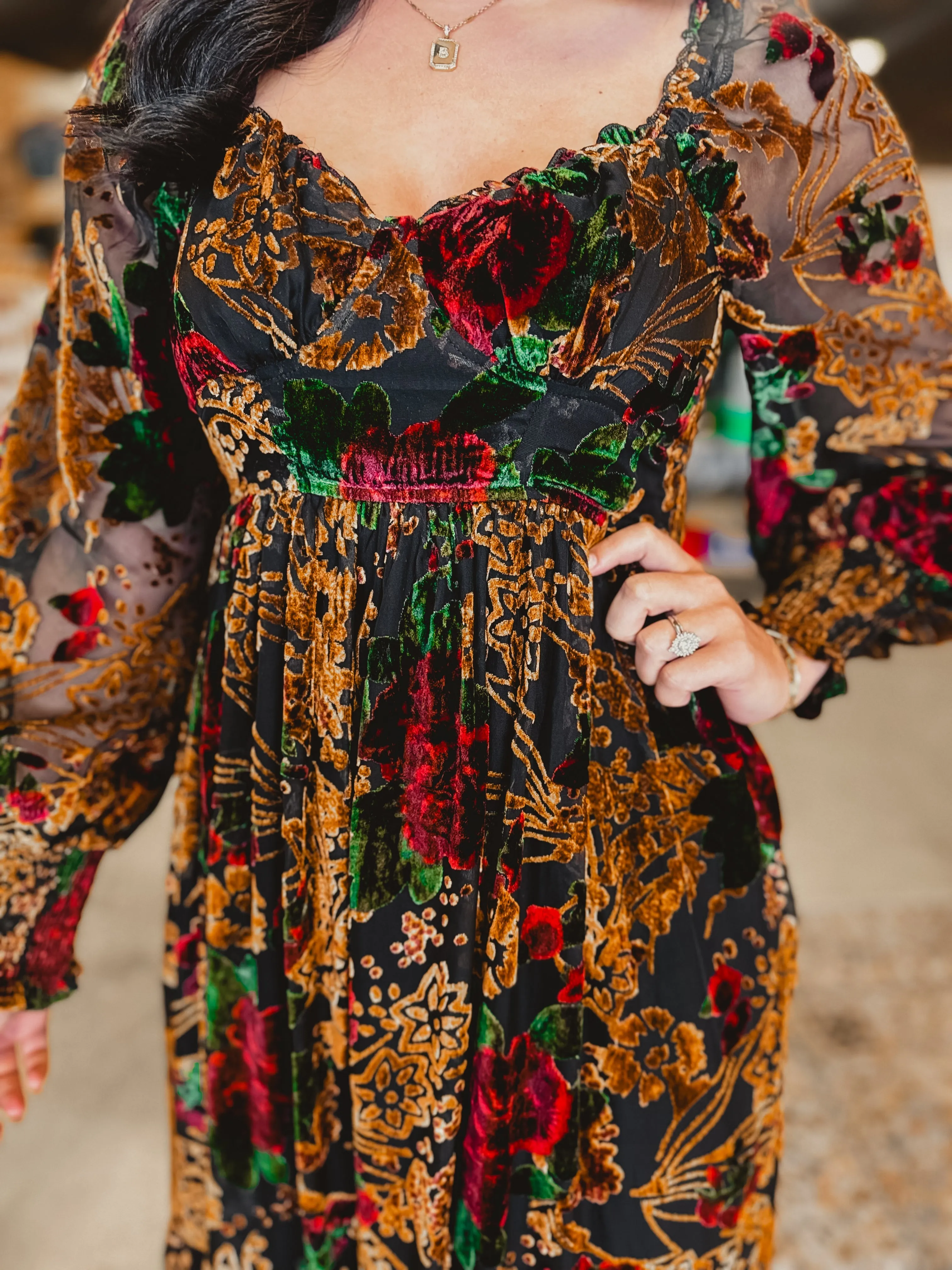 Burnout Velvet Floral Maxi Dress - Rose Black Floral