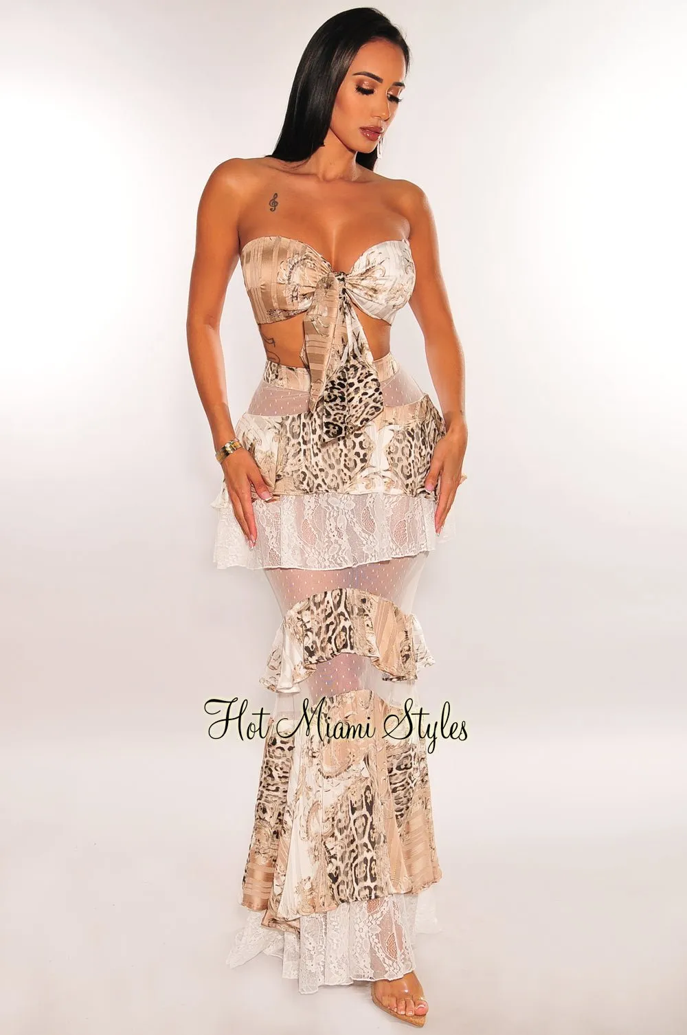 Champagne Animal Print Bandeau Padded Lace Ruffle Maxi Skirt Two Piece Set