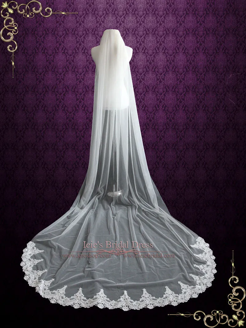 Chapel Length Soft Tulle Wedding Veil with Laces at the End VG1046