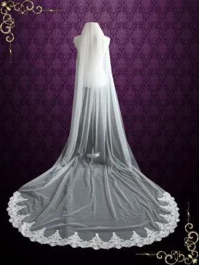 Chapel Length Soft Tulle Wedding Veil with Laces at the End VG1046