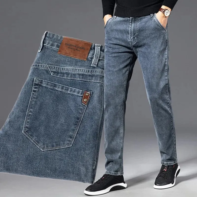 Classic Vintage Denim: Men's Straight Stretch Regular Jeans in Blue, Black, or Grey