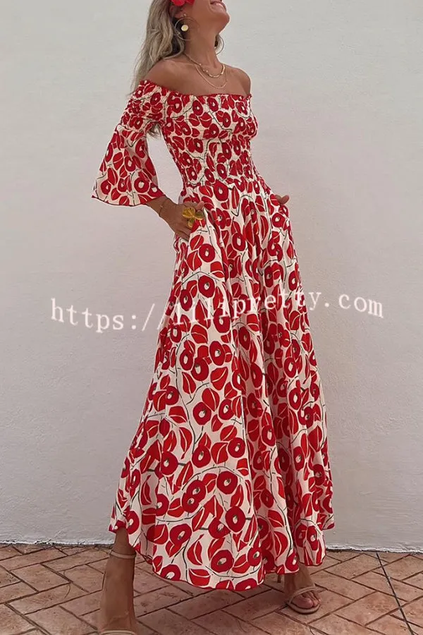 Close To The Vacation Floral Print Smocked Off Shoulder Pocketed Maxi Dress