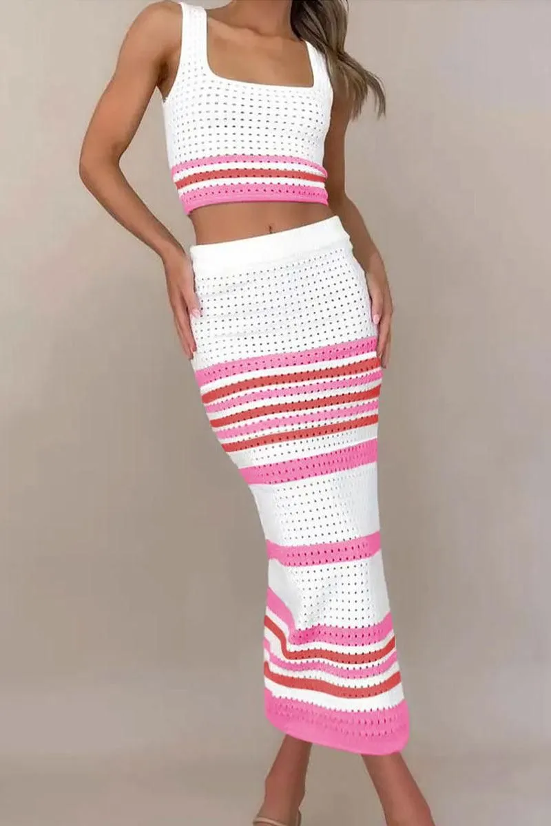 COLOR STRIPED CORP TOP AND SLIT SKIRT SET