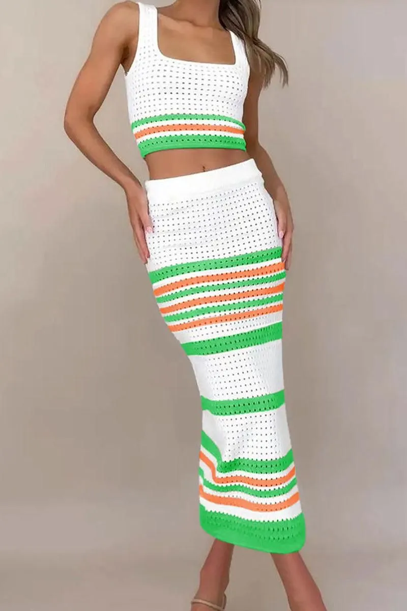 COLOR STRIPED CORP TOP AND SLIT SKIRT SET