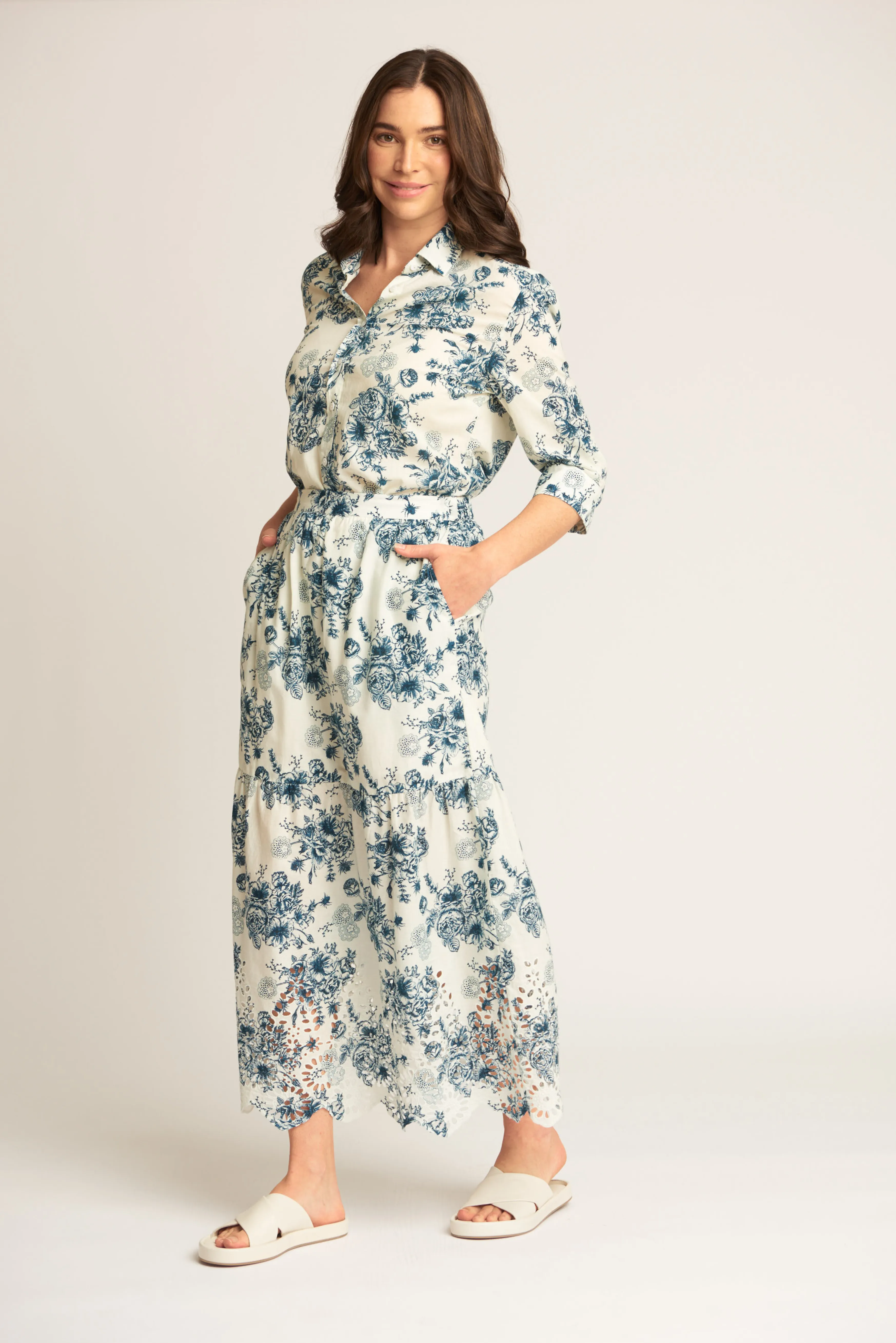 Cotton Floral Maxi Skirt with Embroidered Hem