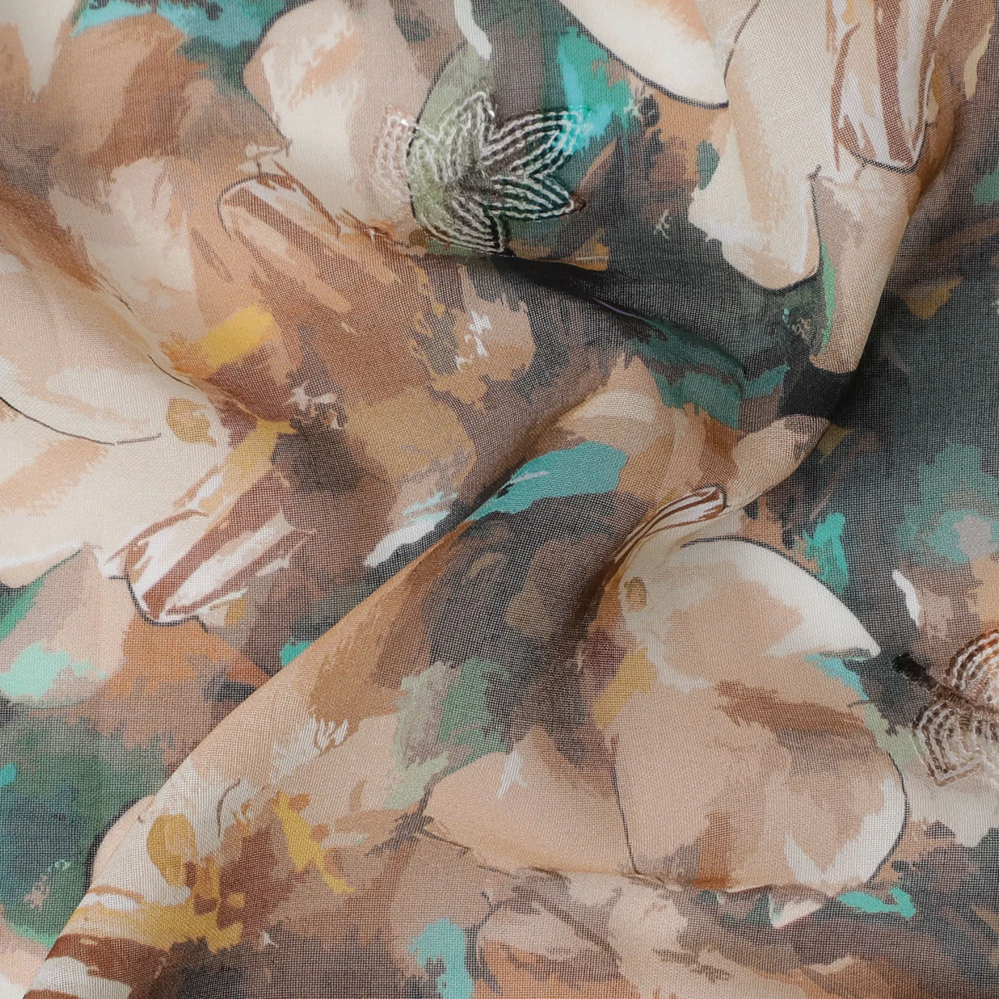 Dark Teal Premium Cotton Voile Fabric with Large Cream Floral Patterns - Traditional Thobe Material, 140 cm Wide-D20227