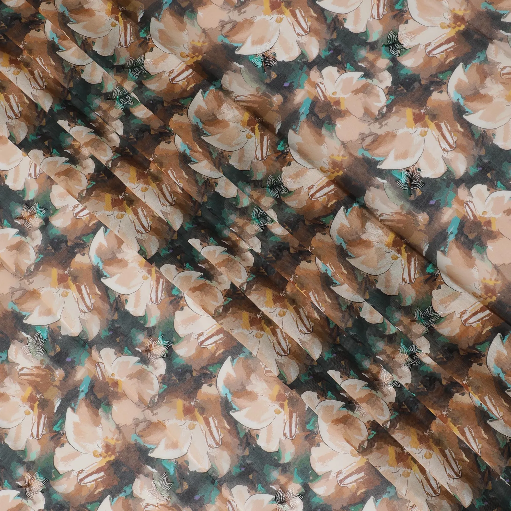 Dark Teal Premium Cotton Voile Fabric with Large Cream Floral Patterns - Traditional Thobe Material, 140 cm Wide-D20227