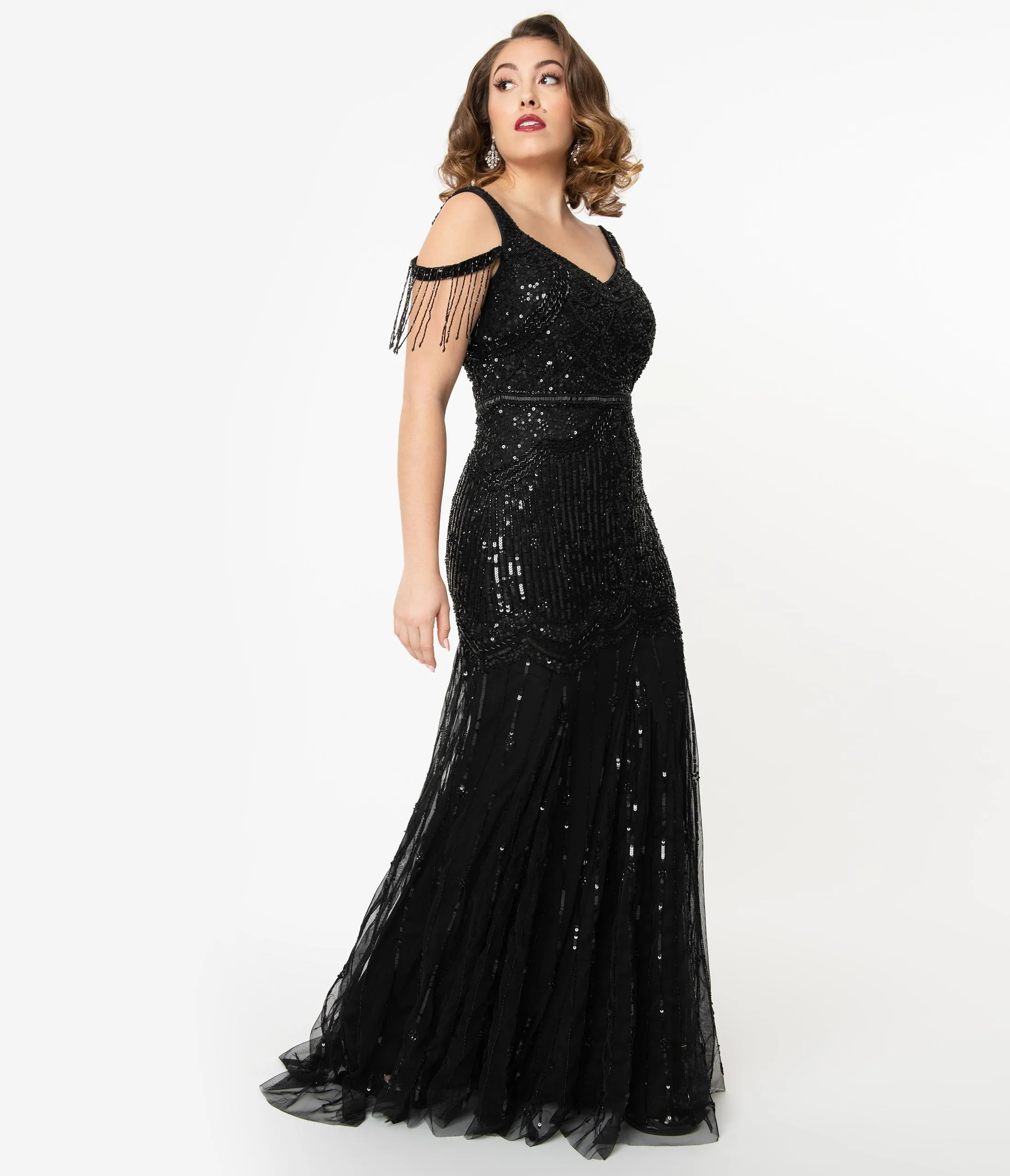 Deco Style Black Beaded Mermaid Chloe Flapper Gown