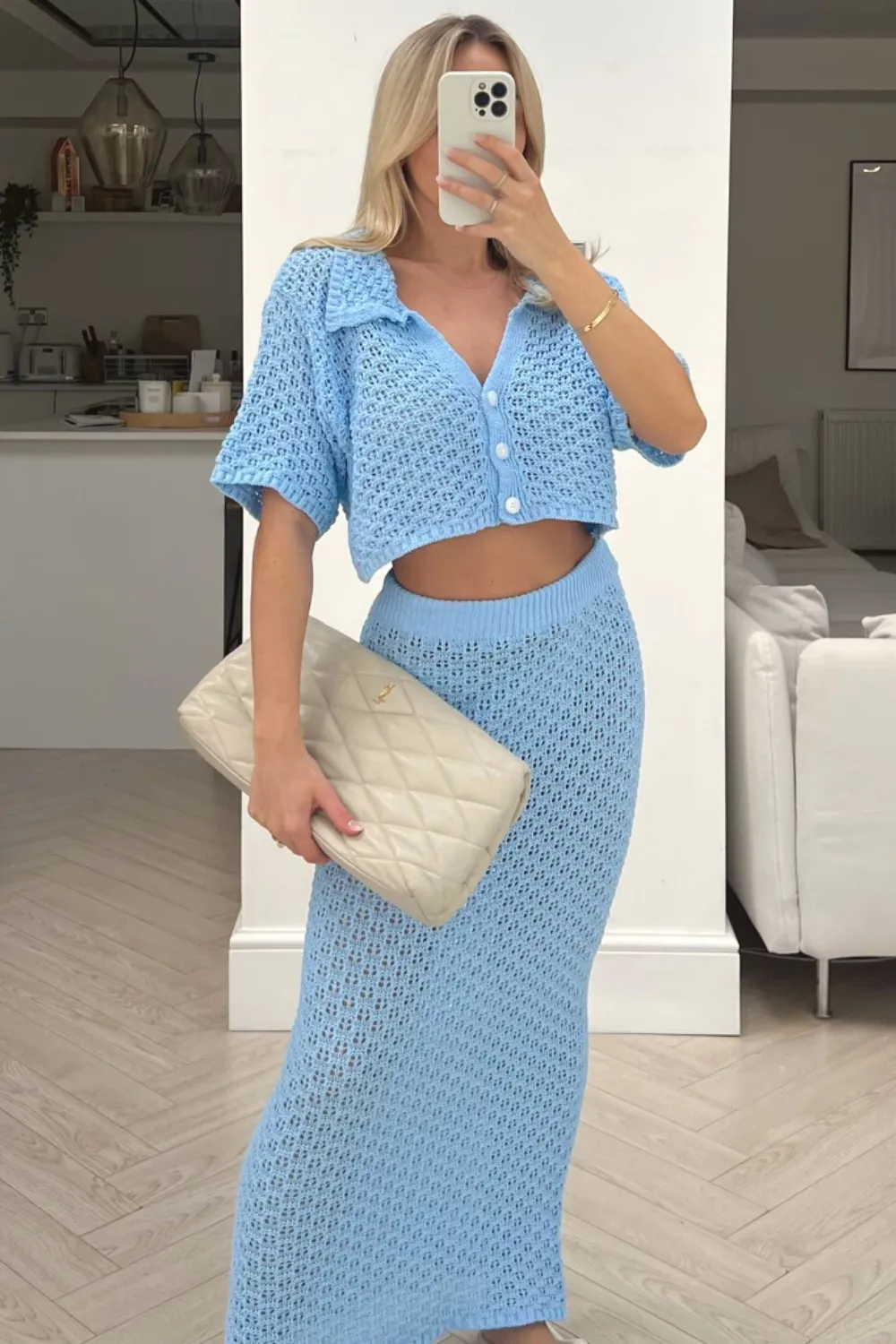 Diana baby blue crochet cardigan skirt co-ord