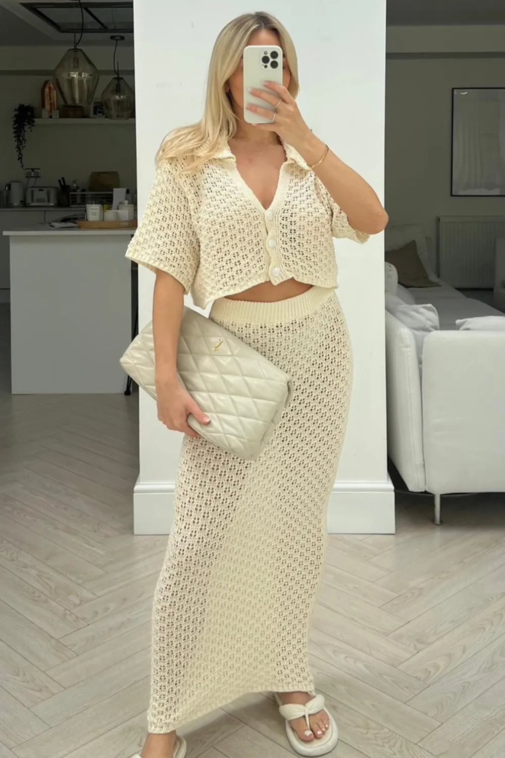 Diana cream crochet cardigan skirt coord