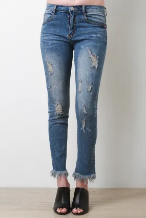 Distress Fringe Hem Denim Jeans