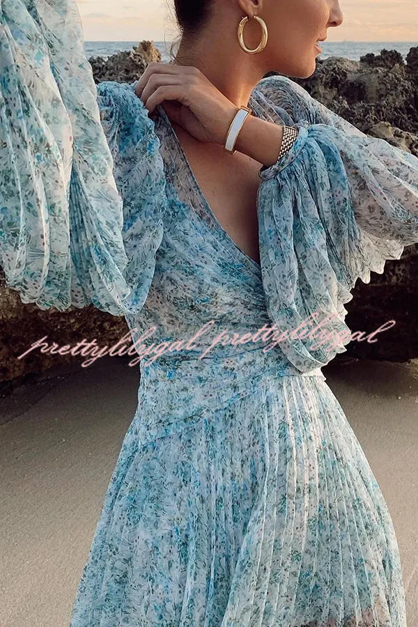 Dreamy Seaside Floral Balloon Sleeve Pleated Lightweight Maxi Dress